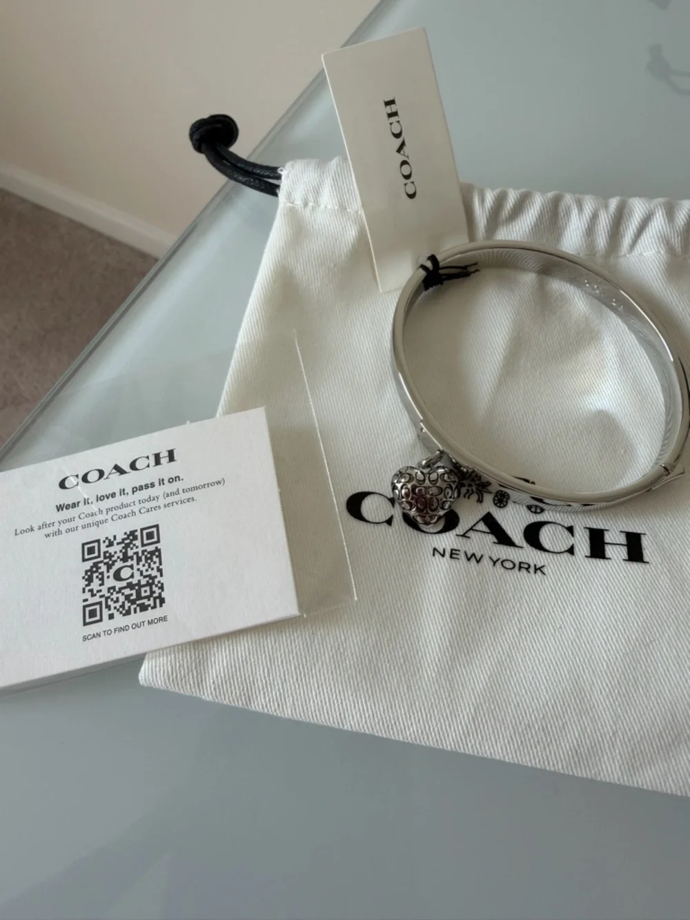 Coach Silver Heart Monogram Charm Bangle Hinge Bracelet
